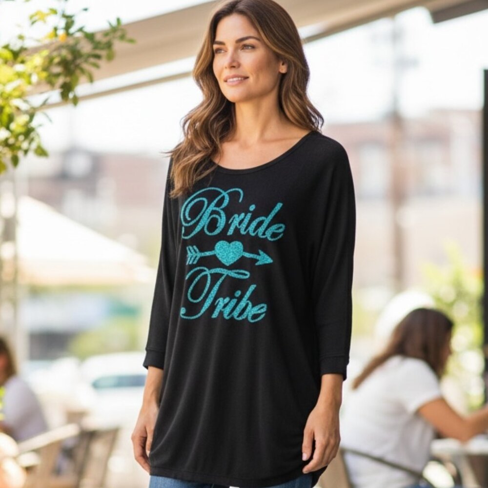 Torrid Tunic Top Sz 1 Black Lace w/Turquoise‎ Glitter Bride Tribe Graphic #229D